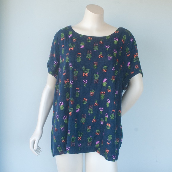 Modcloth 3X Navy Blue Cactus Plant Print Linen Blend Top - Picture 3 of 8